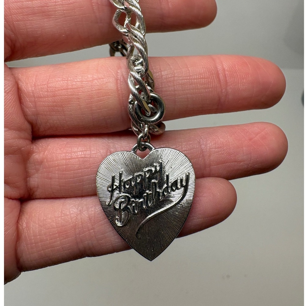 Vintage Monet Silver Tone Curb Chain Happy Birthday Heart Charm Bracelet 6.5"